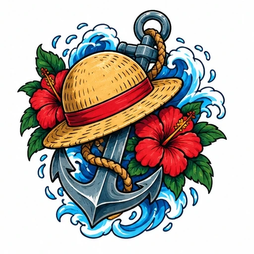 Straw hat with red band on a silver anchor wrapped in rope, surrounded by red hibiscus flowers, green leaves, and blue ocean waves.