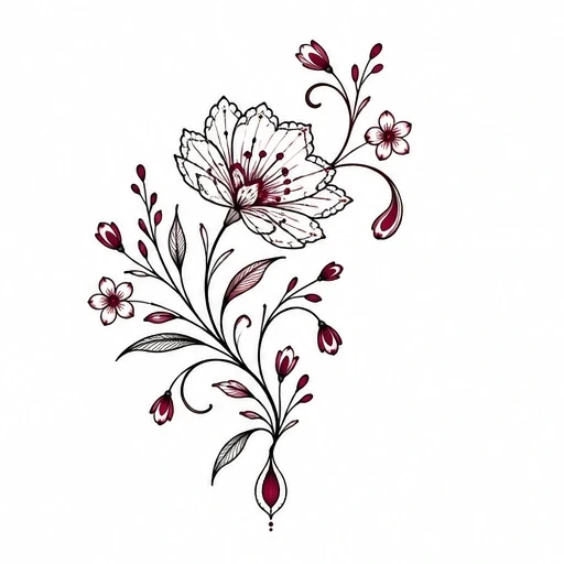 Fine line black and burgundy floral ornament with delicate petals, buds, and curling stems on white background