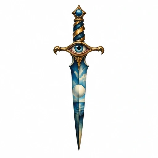 Dagger tattoo design with a gold and blue handle, a human eye on the guard, and a blade depicting a moonlit ocean scene.