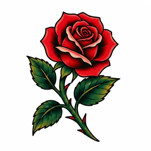 Traditional tattoo style red rose with green leaves and thorny stem