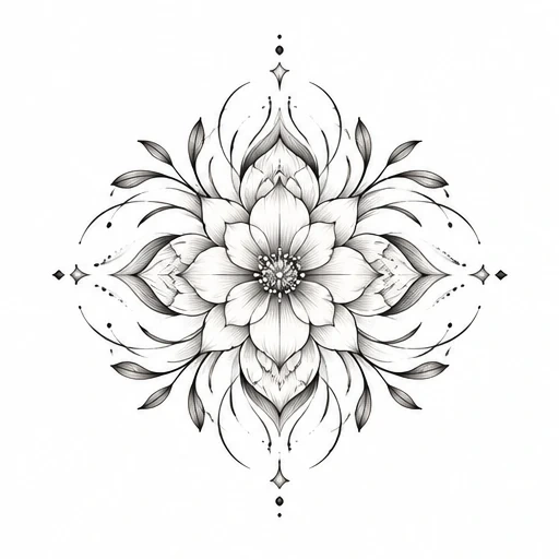 Black and gray floral mandala tattoo design with layered petals, leaves, fine lines, and symmetrical dot accents.