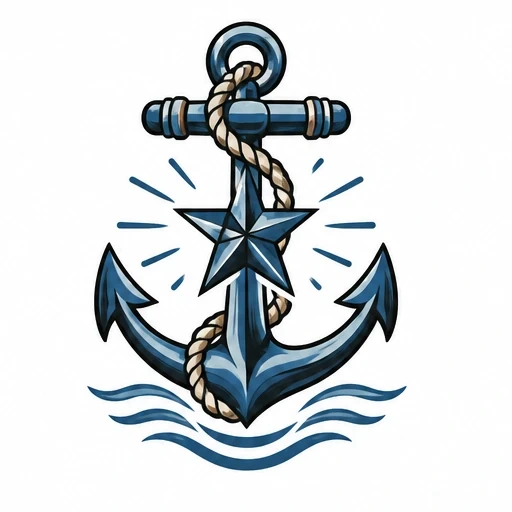 Blue anchor tattoo design with a rope wrapped around it, centered star, and wave accents