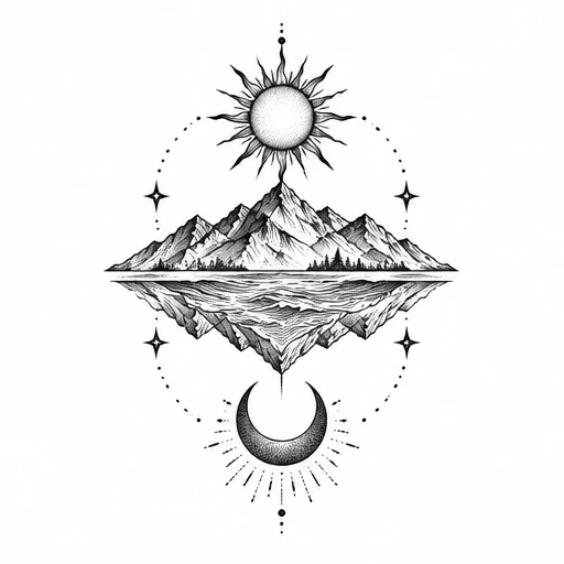 Black ink tattoo design showing sun above a mountain range, reflected below with a crescent moon beneath and decorative stars around.