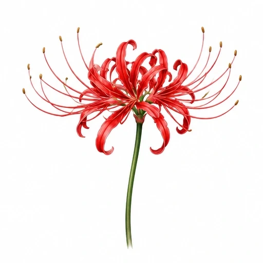 Illustration of a red spider lily flower with curled petals and long stamens on a green stem