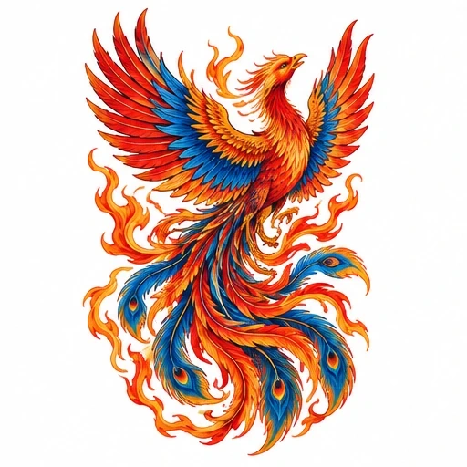 Colorful Japanese phoenix tattoo design with flame details and bright feathers.