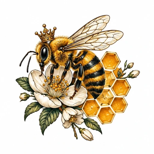 Illustration of a crowned queen bee on a white flower with honeycomb and leaves