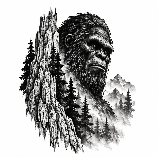 Black and grey tattoo design of Bigfoot with pine trees, rocks, and misty mountains
