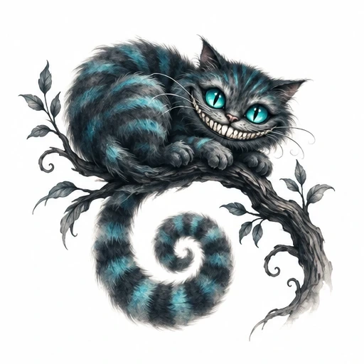 Cheshire Cat with blue eyes curled on twisted branch with leaves