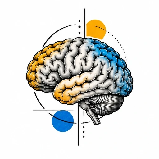 Detailed brain illustration in black with blue and orange color accents and geometric lines and shapes