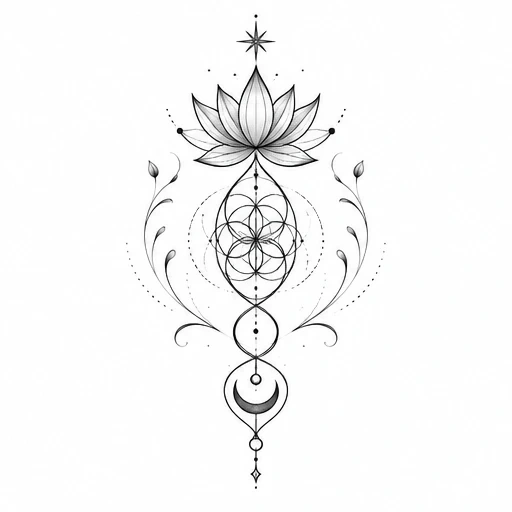 Fine line tattoo of a lotus flower with geometric circles, crescent moon, star, and leaf motifs in black ink.