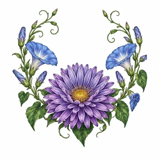 Symmetrical arrangement of a large purple aster with two blue morning glory vines curling upwards with green leaves