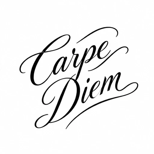 Carpe Diem tattoo in flowing black script lettering with elegant curls and flourishes
