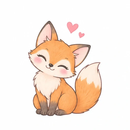 Cute cartoon fox sitting smiling with two pink hearts above