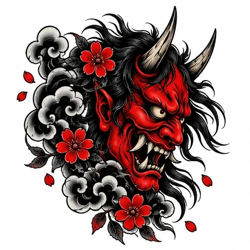 Red oni demon head with horns, wild hair, black clouds, and red cherry blossoms