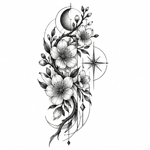 Black and grey tattoo design of a flower branch with moon and star compass geometry