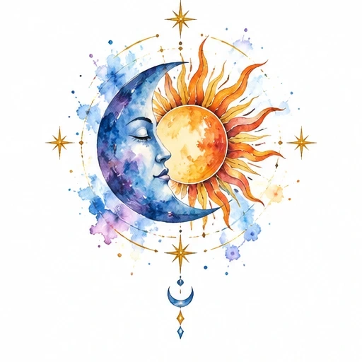 Watercolor crescent moon with face embracing a radiant sun surrounded by golden stars in a celestial design.