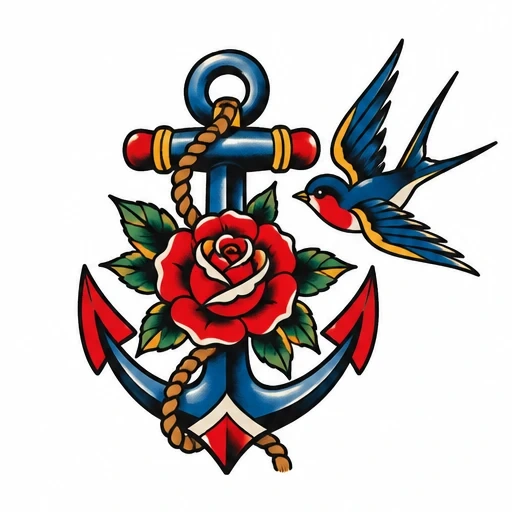 Anchor tattoo with red rose at center, wrapped in rope, and flying swallow on the side