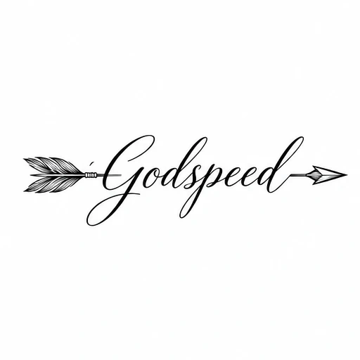 Tattoo design spelling 'Godspeed' in cursive script with a detailed arrow crossing through the text horizontally