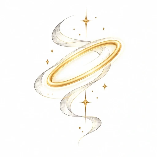 Golden halo ring with swirling silver ribbons and sparkling stars