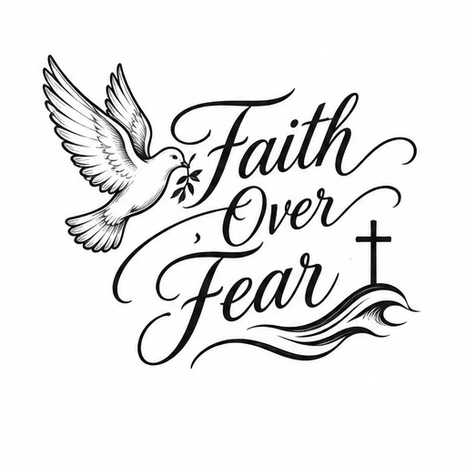Faith Over Fear text with dove holding olive branch and cross with waves illustration