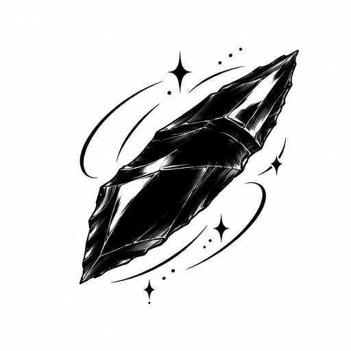 Black obsidian crystal with glossy highlights surrounded by curved lines and sparkles tattoo design