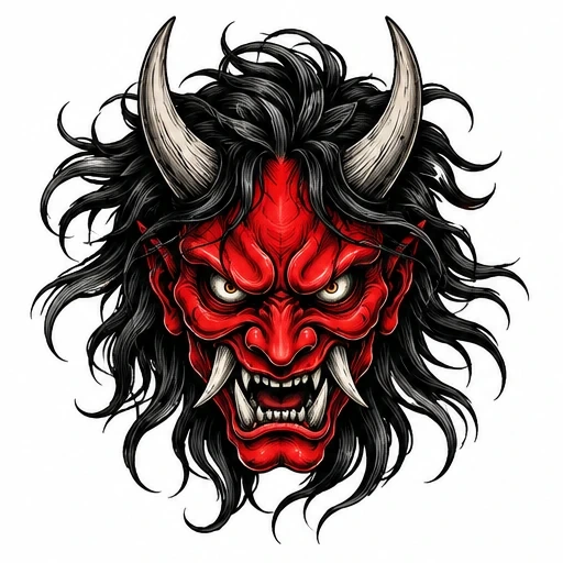 Red Japanese demon mask with wild black hair, curved beige horns, glaring eyes, and sharp tusks in snarling expression