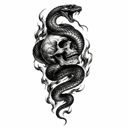 Black and gray tattoo design of a coiled snake wrapped around a cracked skull with surrounding flames.