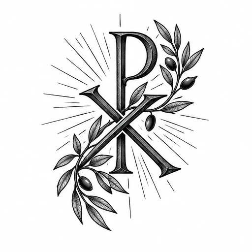 Chi Rho tattoo design with olive branch and radiant lines in black and gray shading