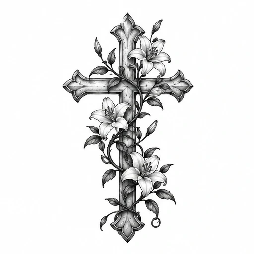 Black and gray tattoo design of a Gothic-style cross wrapped with blooming lilies and leaves