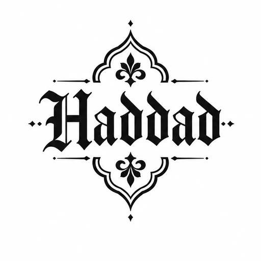 Blackletter style tattoo design of the name Haddad with ornamental decorations