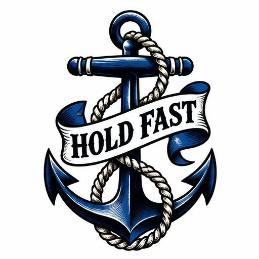 Navy blue anchor wrapped in beige rope with a white banner reading 'HOLD FAST'