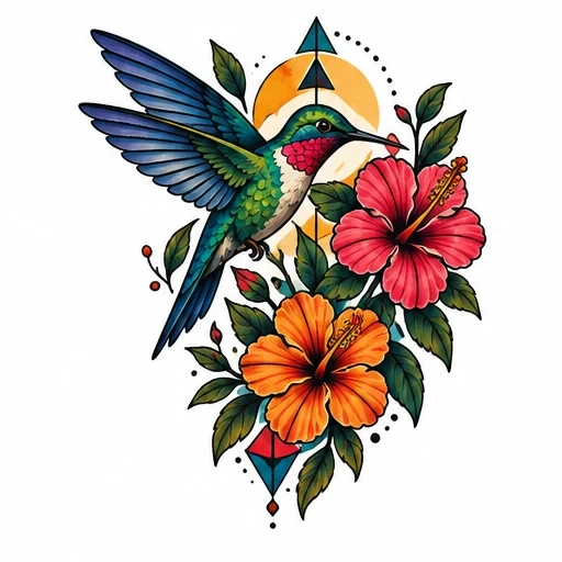 Colorful hummingbird flying near red and orange hibiscus flowers with green leaves and geometric shapes tattoo design