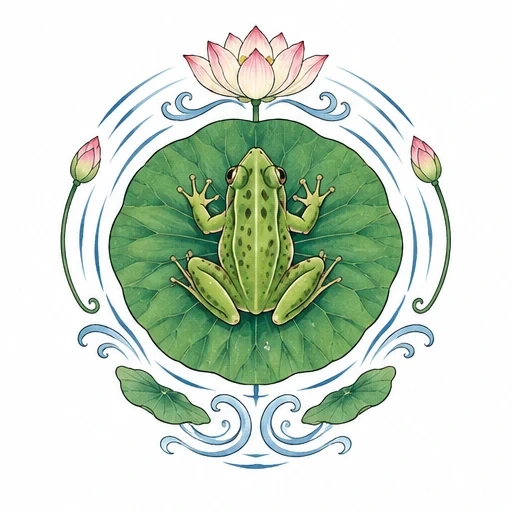 Green frog on lotus leaf with pink lotus flowers and swirling water patterns around it.