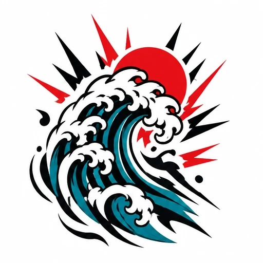 Stylized ocean wave with white crests and teal shading, red sun with black and red sharp rays radiating outward