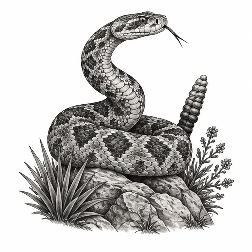 Black and gray detailed rattlesnake coiled on rocks with desert plants