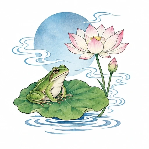 Green frog on lotus leaf with pink lotus flower and blue moon background, surrounded by blue smoke.