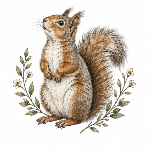 Realistic brown and white squirrel standing upright surrounded by green leaves and small white flowers