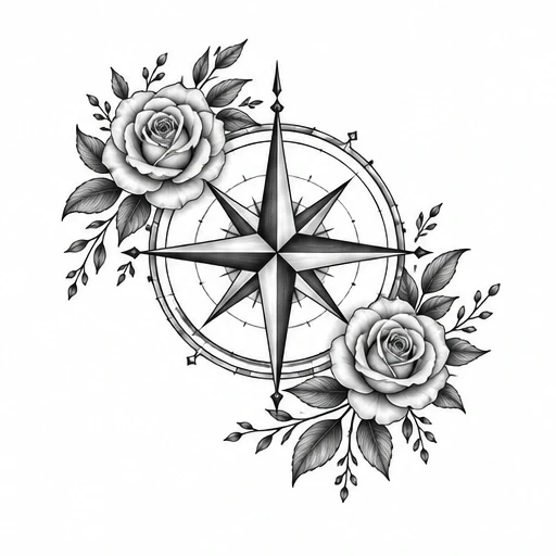 Black and gray compass rose tattoo design with two detailed roses and leaves.