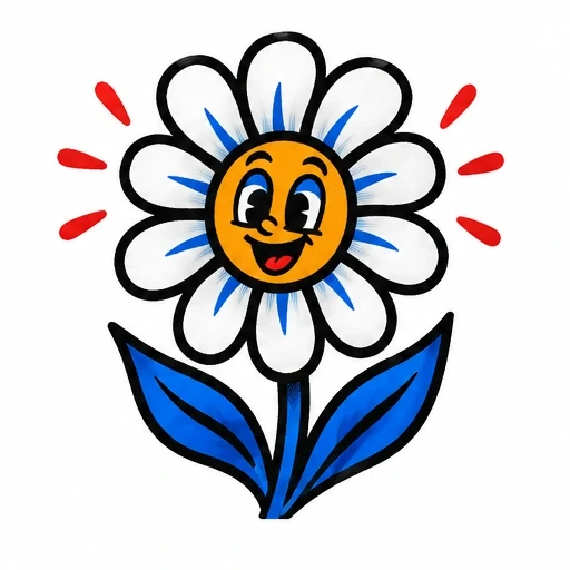 Cartoon daisy flower with a smiling orange face, white petals, blue leaves, and red accents