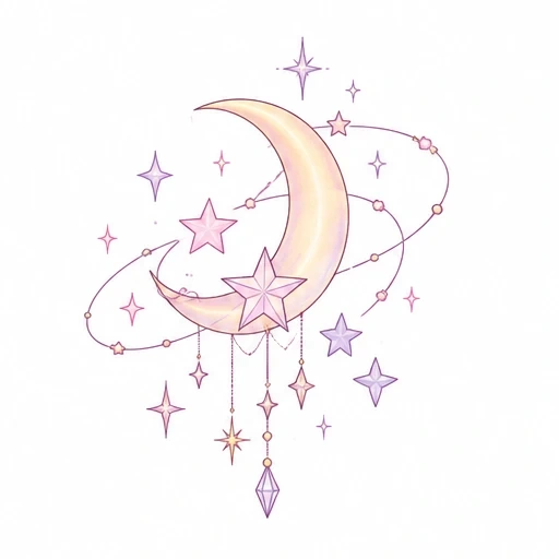 Pastel crescent moon surrounded by orbiting stars and hanging star and gem charms in fine linework