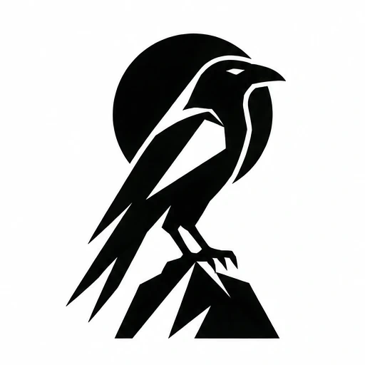 Black crow silhouette perched on angular rock with circular halo in negative space