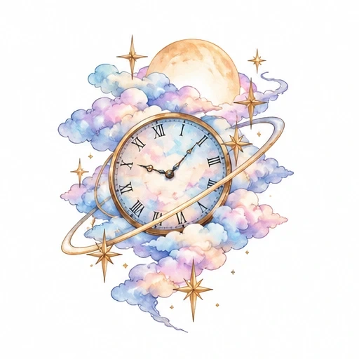 Watercolor tattoo design of a clock with Roman numerals surrounded by pastel clouds, golden rings, a pale moon, and sparkling golden stars.
