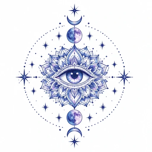 Intricate third eye mandala tattoo with moon phases and stars in blue and purple hues
