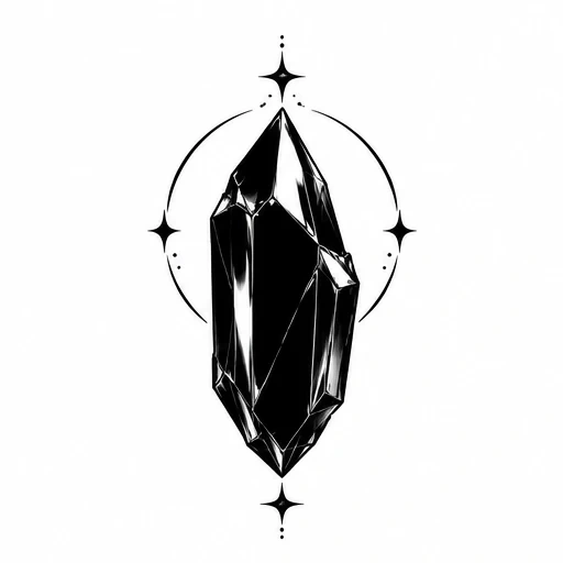 Black obsidian crystal tattoo design with sharp facets and surrounding stars and circular arc.
