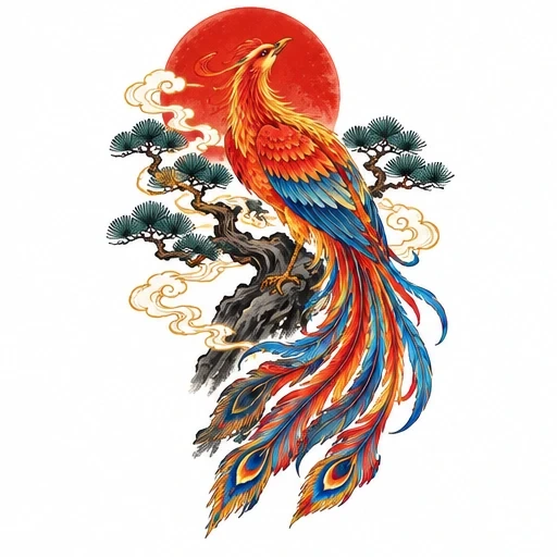 Japanese phoenix with colorful feathers perched on pine branch in front of red sun and swirling clouds