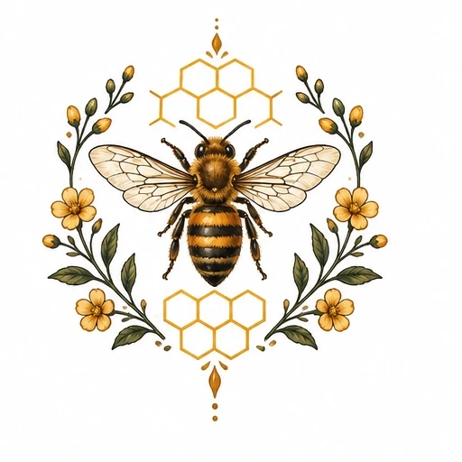 Detailed honey bee with wings spread, flanked by symmetrical yellow flowers and green leaves, and geometric honeycomb shapes above and below.
