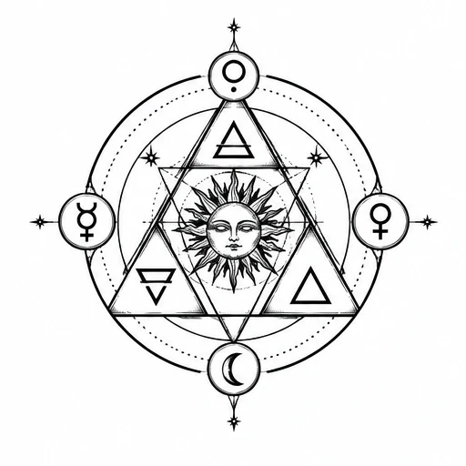 Black linework mandala with a sun face at the center, surrounded by interlocking triangles and alchemy symbols.