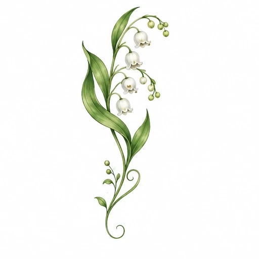 Lily of the valley flower tattoo design with green leaves and white bell-shaped blossoms