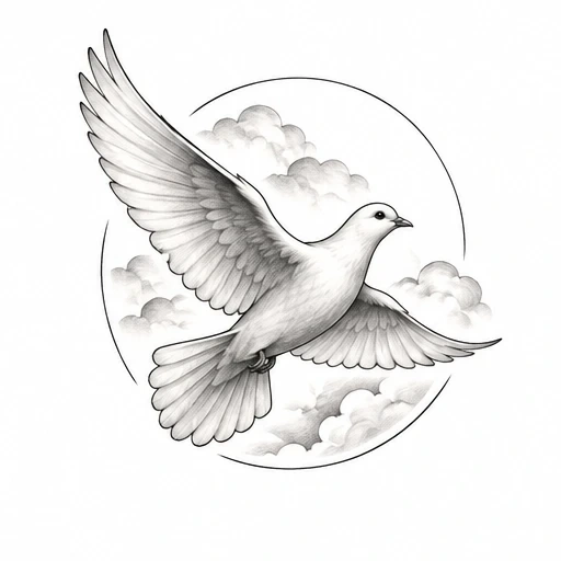 Black and gray tattoo design of a flying dove with spread wings, surrounded by a circular frame of soft clouds.