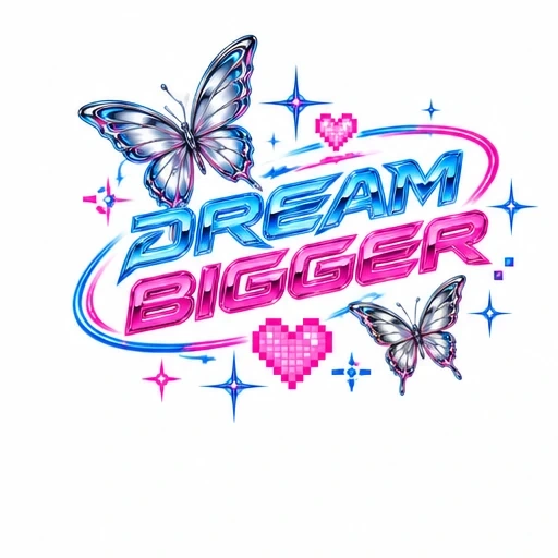 Y2K style tattoo design with chrome blue and pink text saying DREAM BIGGER, holographic butterflies, pixel hearts, and neon starbursts